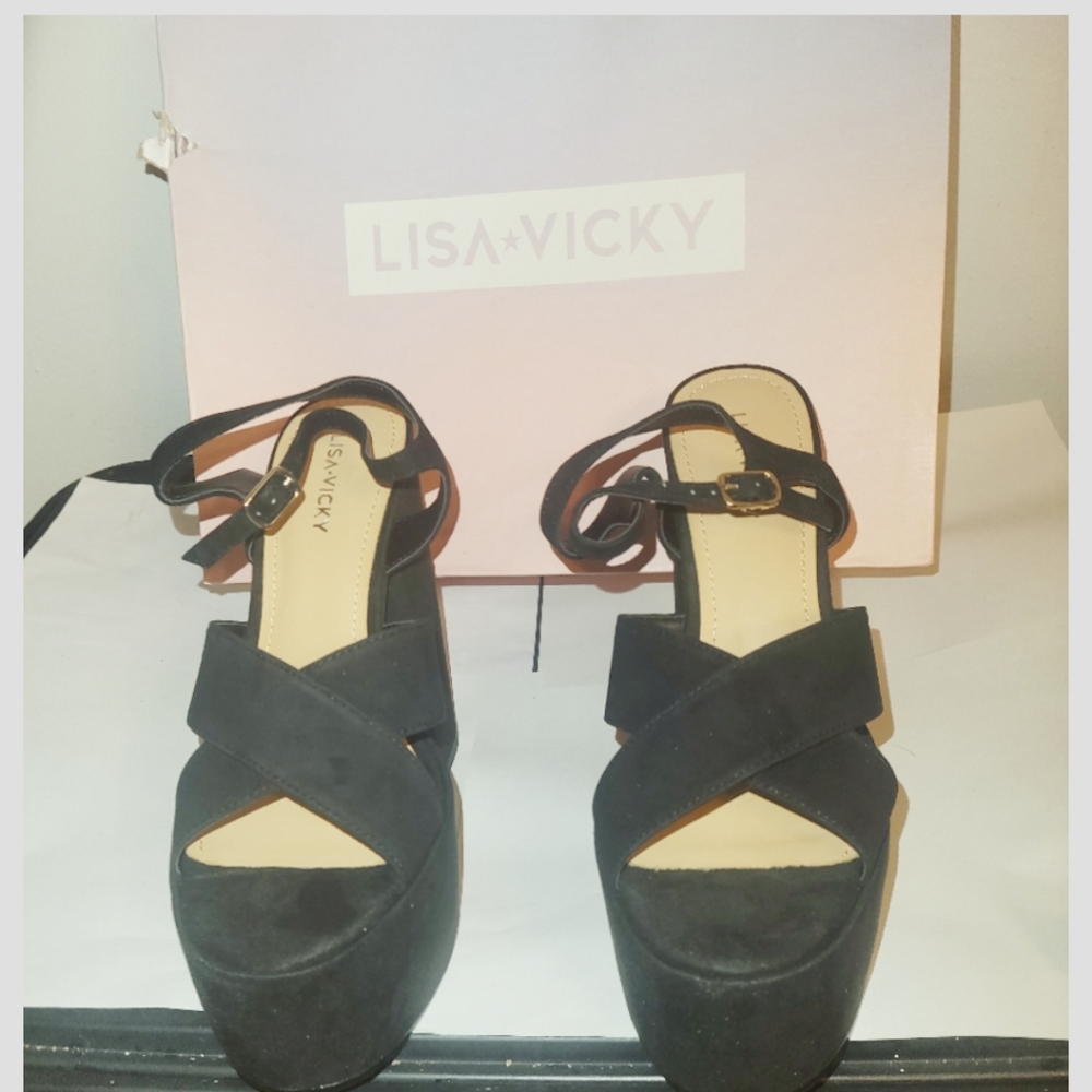 Lisa Vicky Jam Strapped Retro Platform Sandal Block Heel Black Size 9 New In Box